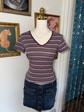 Vintage Y2K Striped V-Neck Short Sleeve Top in Plum